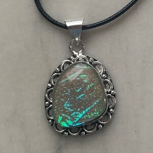 1897 Iridescent Silver and Green Pendant Necklace